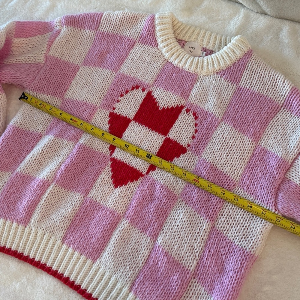 Luna Ivy Pink & White Crochet Checkered & Heart Sweater, Puff Sleeves, Cozy Soft - Picture 12 of 15
